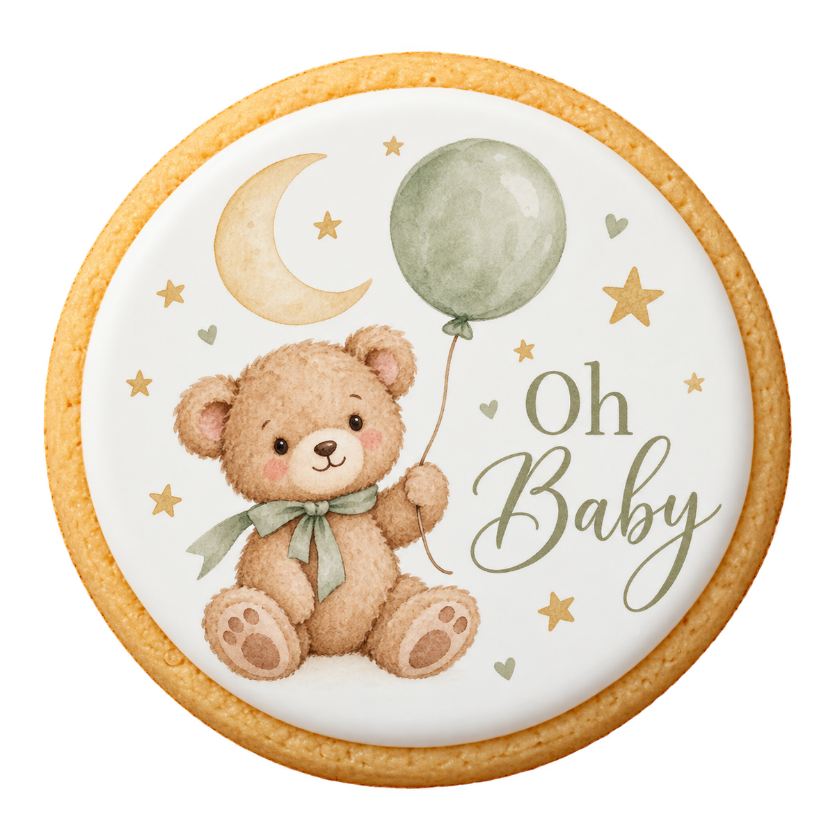 baby shower cookies design printed on a round iced sugar cookie