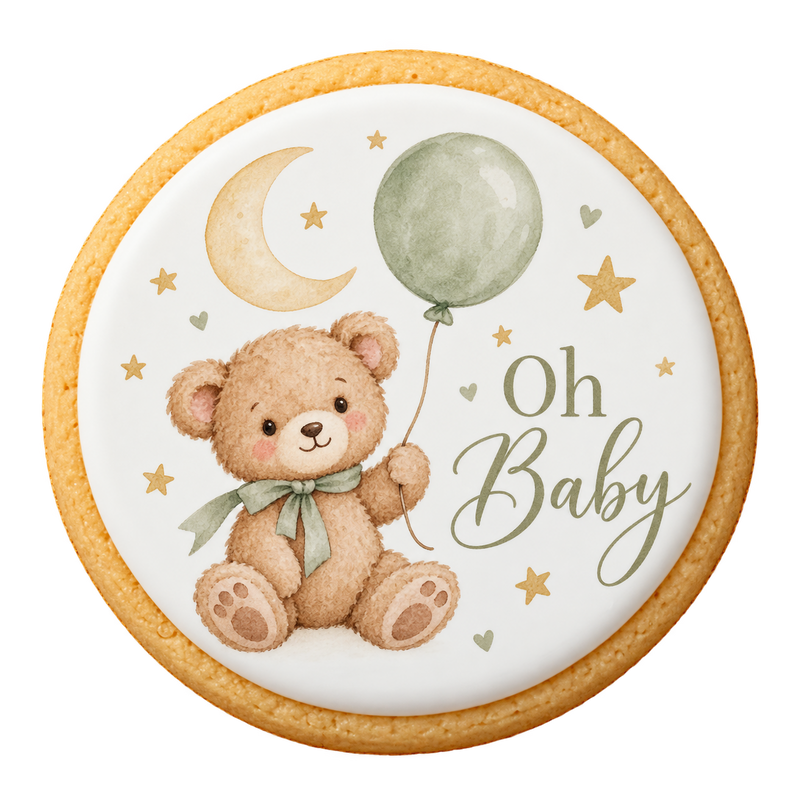 baby shower cookies design printed on a round iced sugar cookie