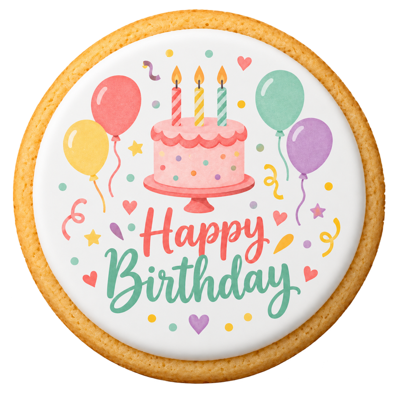 birthday cookies design printed on a round iced sugar cookie