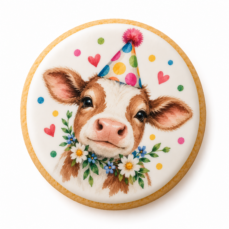 Round birthday cookie with a smiling calf in a colourful party hat