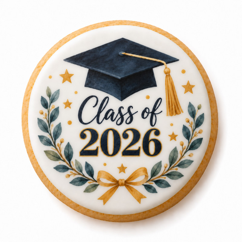 Round graduation cookie with a black cap, gold tassel and Class of 2026 design