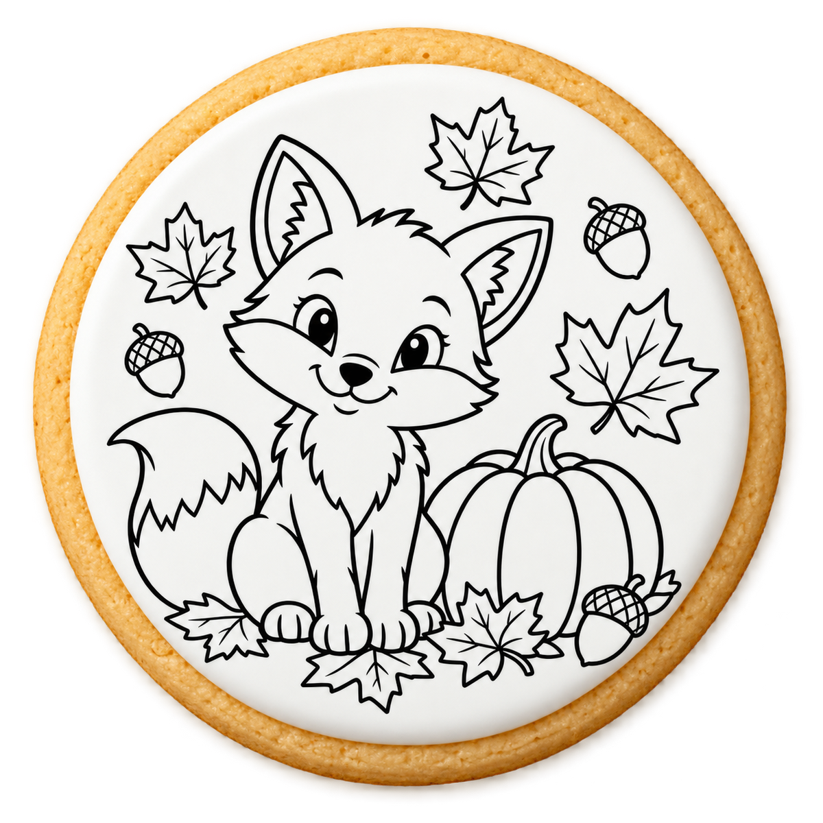 fall colouring cookies design printed on a round iced sugar cookie