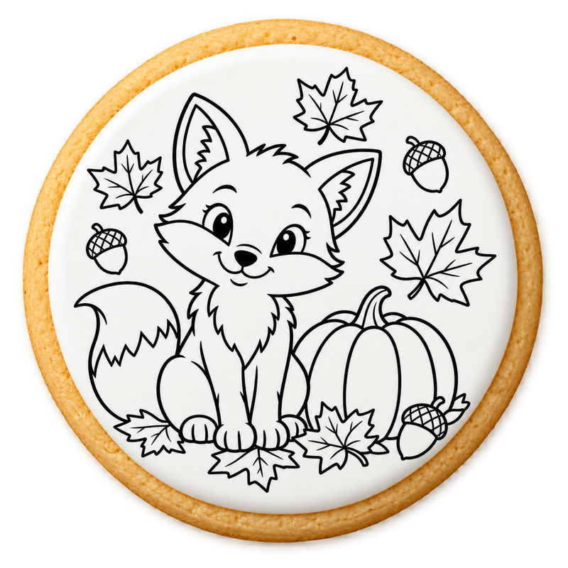fall colouring cookies design printed on a round iced sugar cookie