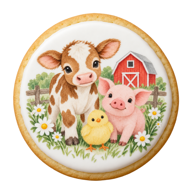 farm animals cookies design printed on a round iced sugar cookie