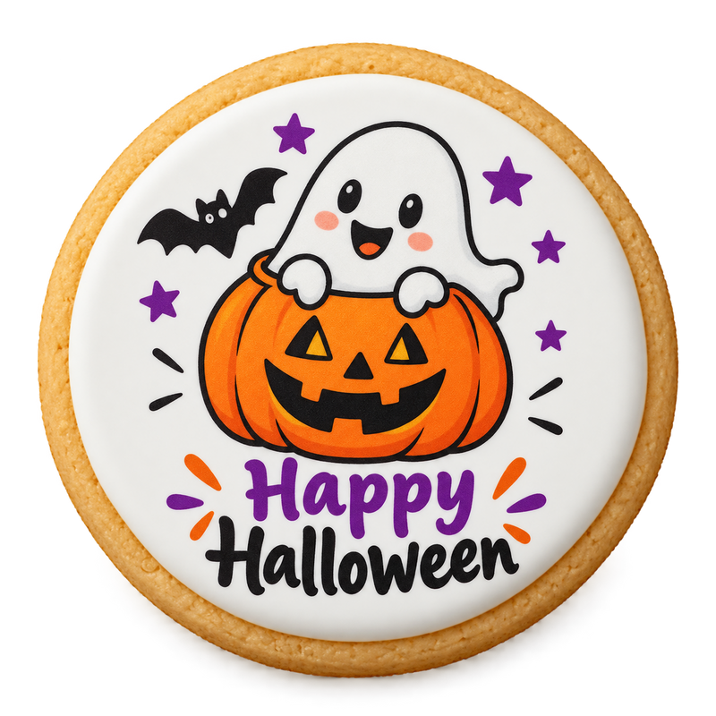 halloween cookies design printed on a round iced sugar cookie
