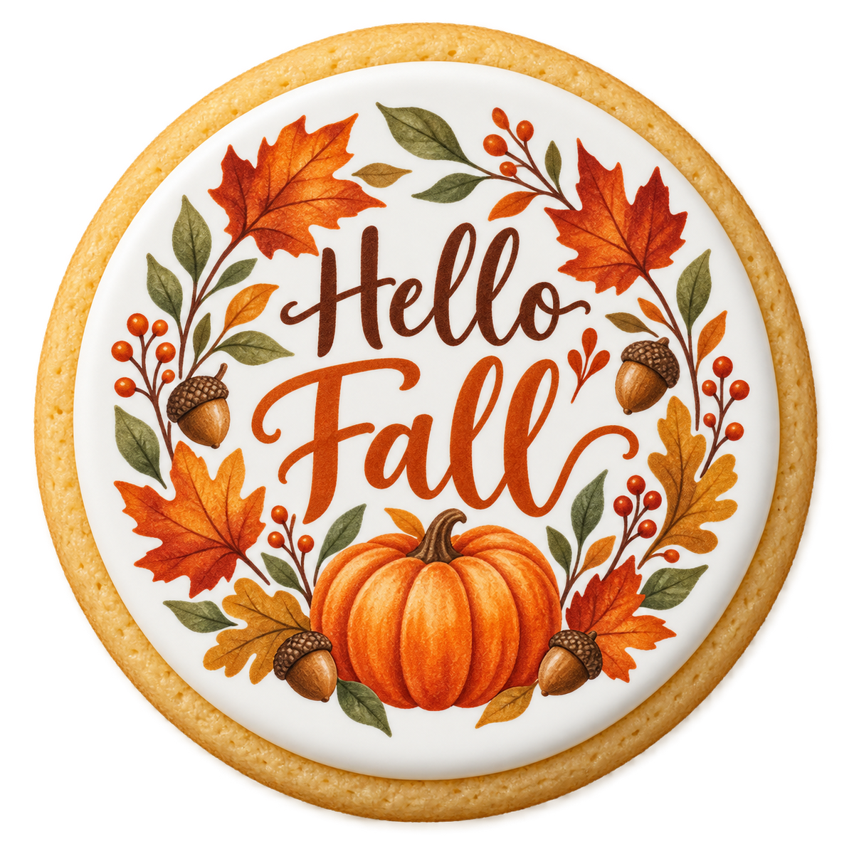 Round sugar cookie with Hello Fall lettering, pumpkin and autumn leaves