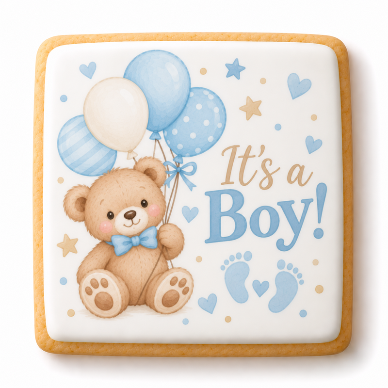 Square baby shower cookie with a teddy bear, blue balloons and It's a Boy lettering