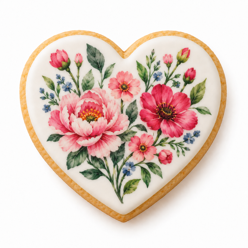 Heart-shaped cookie with pink flowers, tiny blue blooms and green leaves