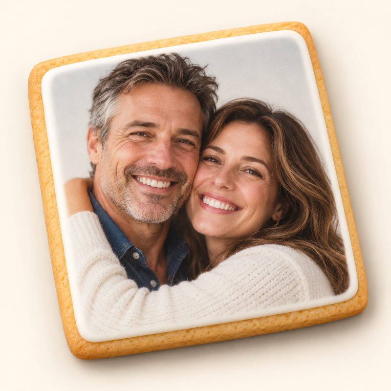 Square photo cookie showing a smiling couple