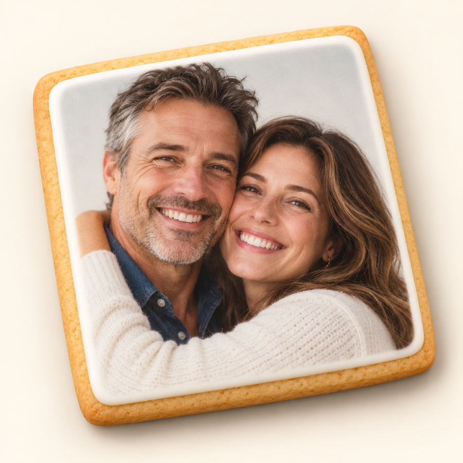 Square photo cookie showing a smiling couple