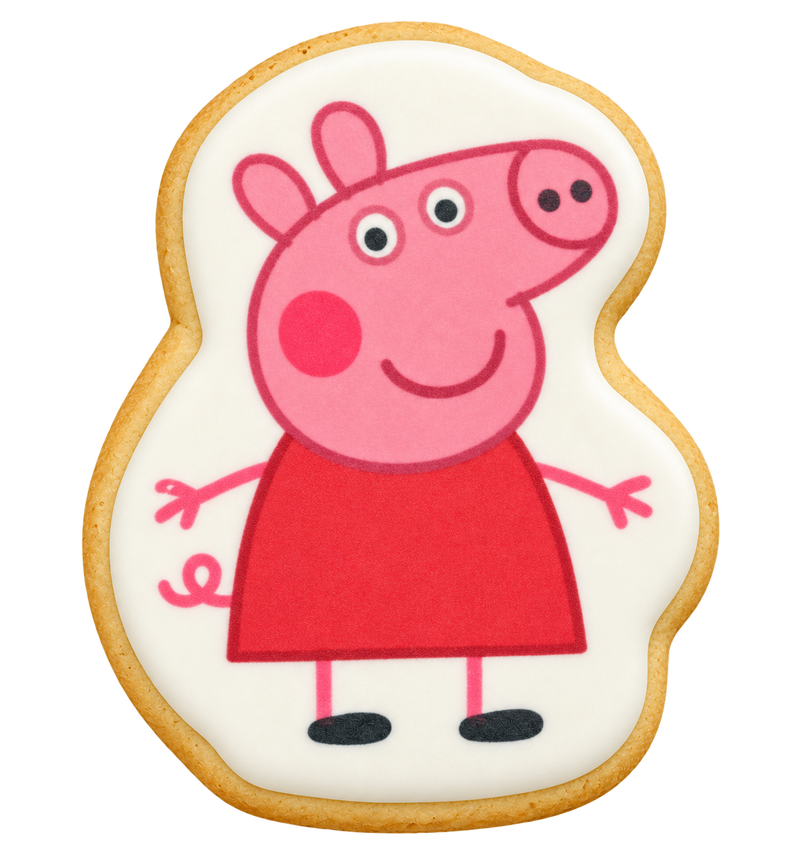Custom outline sugar cookie with a pink character design, shown on a transparent background