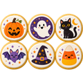 Six Halloween sugar cookies with pumpkin, ghost, cat, bat, witch hat and candy corn designs