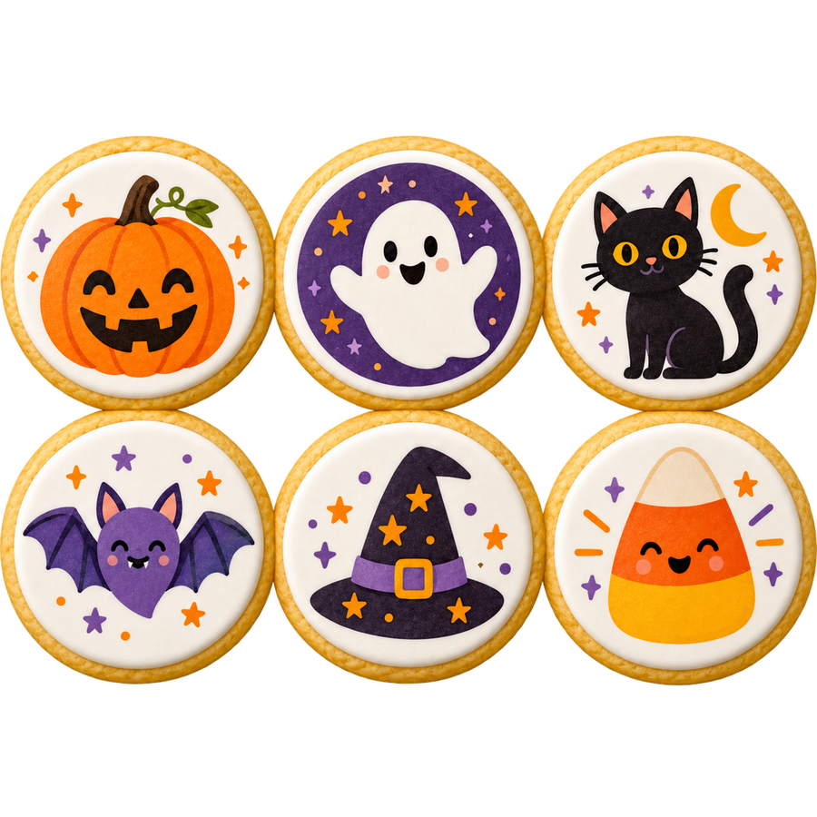 Six Halloween sugar cookies with pumpkin, ghost, cat, bat, witch hat and candy corn designs