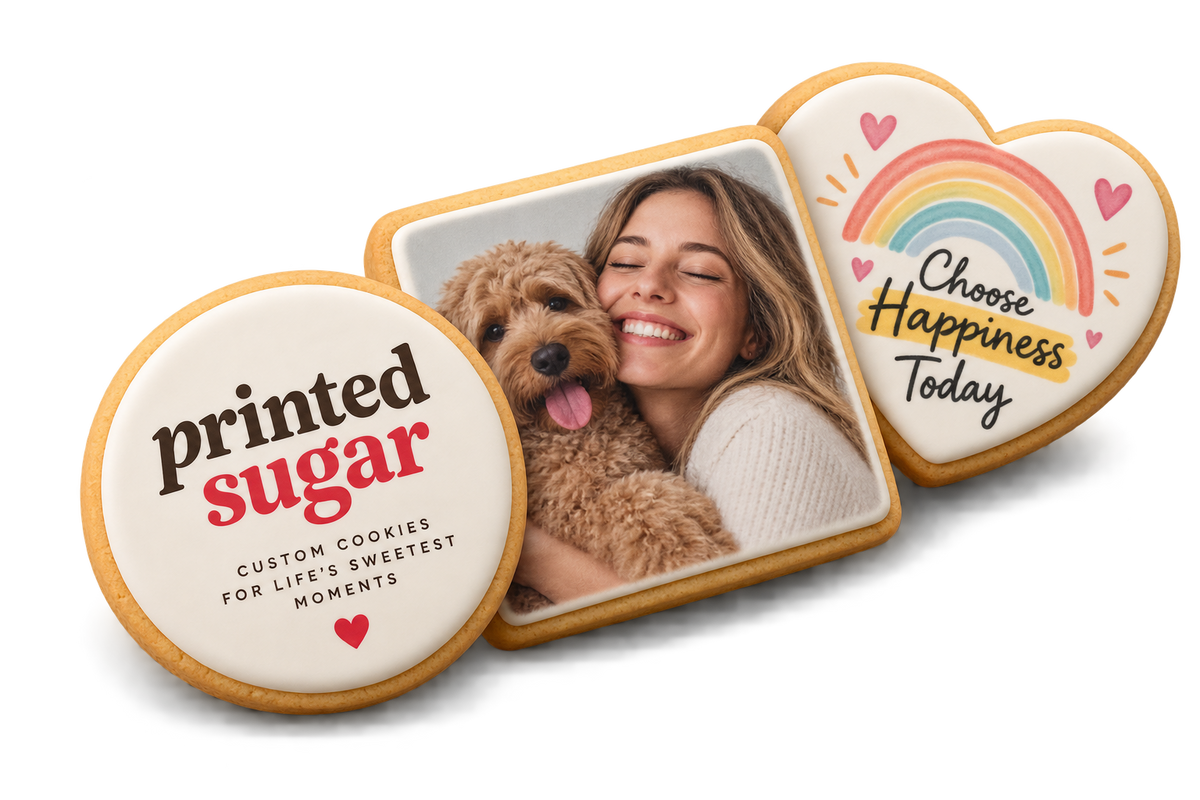 Custom printed sugar cookies with a photo, logo and colourful message