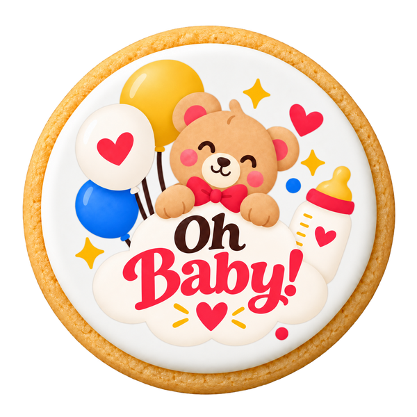 Oh Baby! Baby Shower Cookies on a round sugar cookie