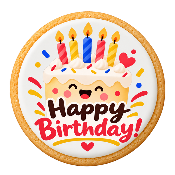 Happy Birthday Cookies on a round sugar cookie