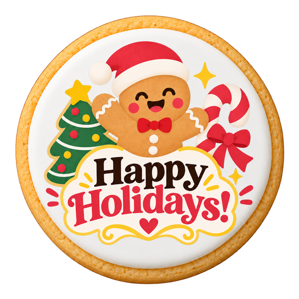 Happy Holidays Cookies on a round sugar cookie