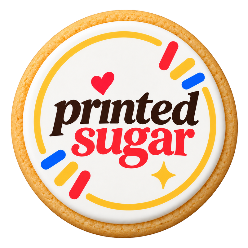Printed Sugar Logo Cookies on a round sugar cookie