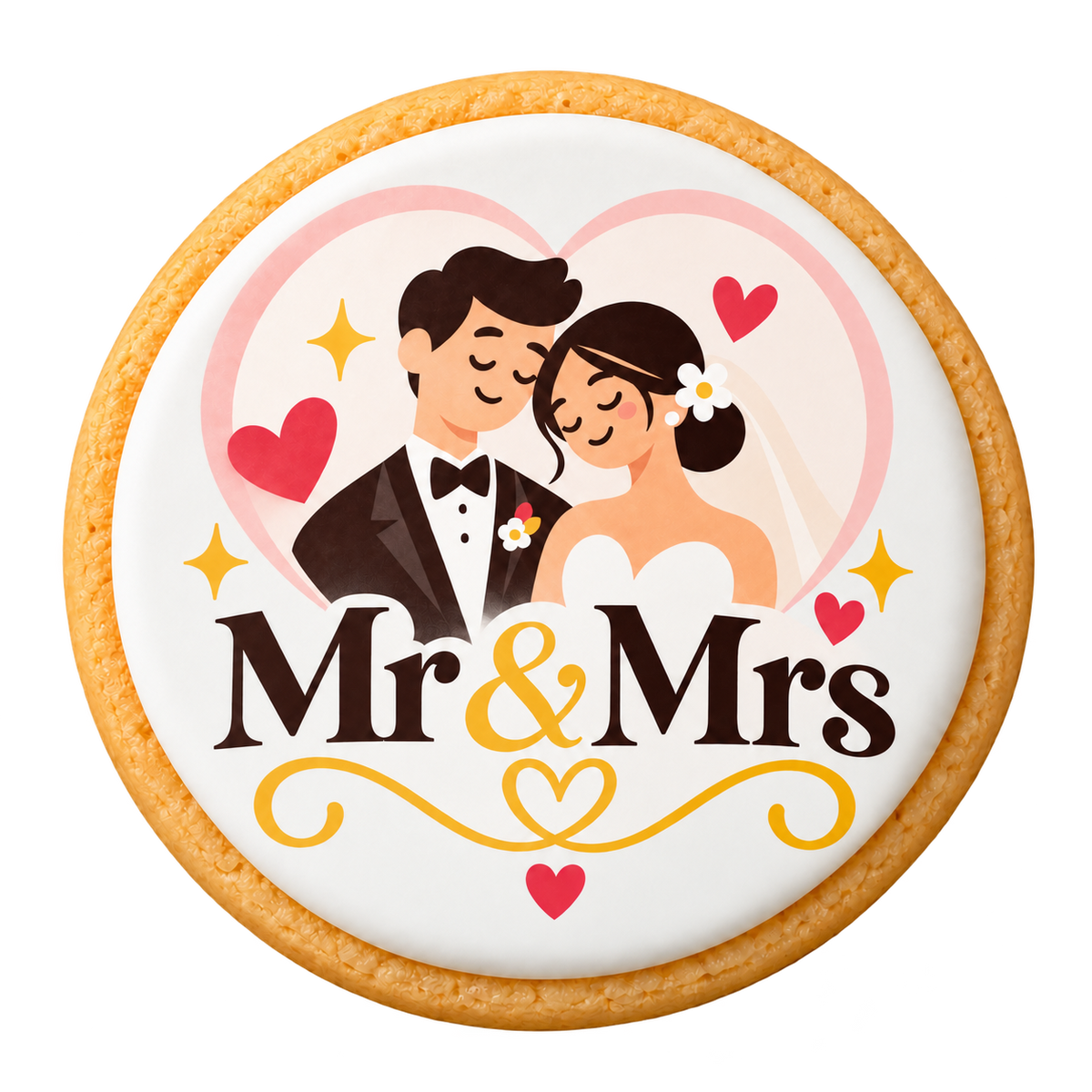 Mr & Mrs Wedding Cookies on a round sugar cookie