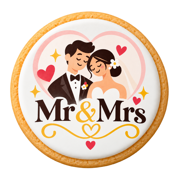 Mr & Mrs Wedding Cookies on a round sugar cookie