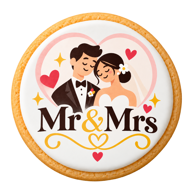 Mr & Mrs Wedding Cookies on a round sugar cookie