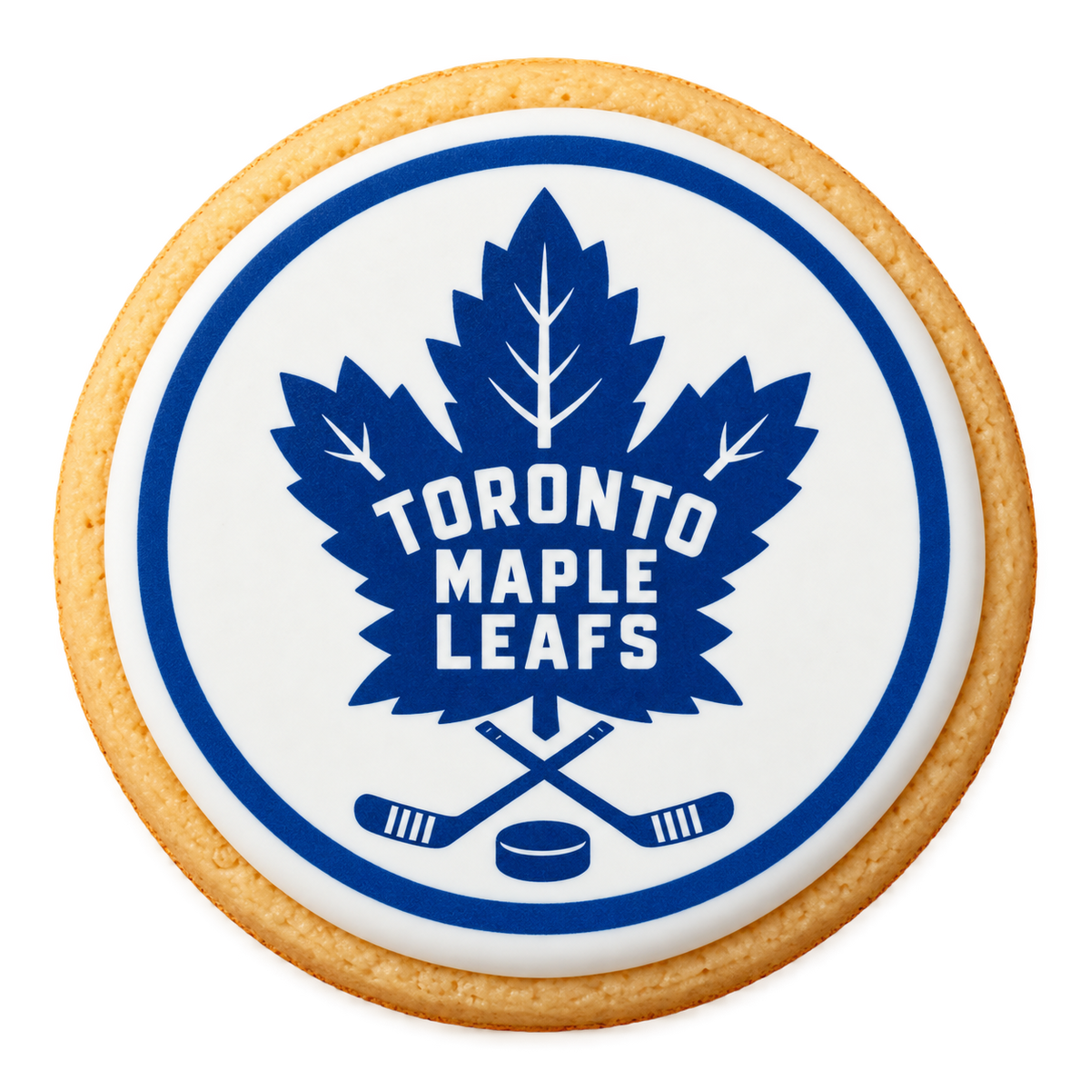 Toronto Maple Leafs blue hockey design printed on a round iced sugar cookie