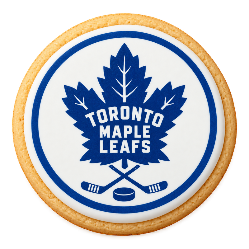 Toronto Maple Leafs blue hockey design printed on a round iced sugar cookie