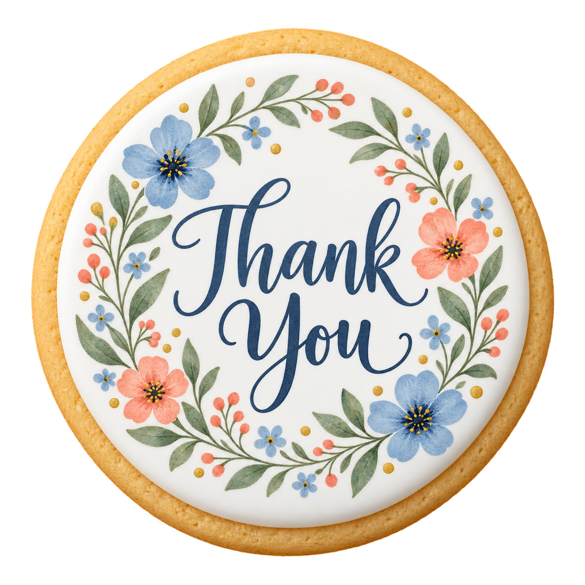 thank you botanical cookies design printed on a round iced sugar cookie