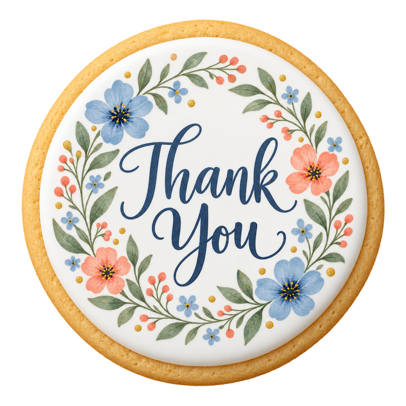 thank you botanical cookies design printed on a round iced sugar cookie