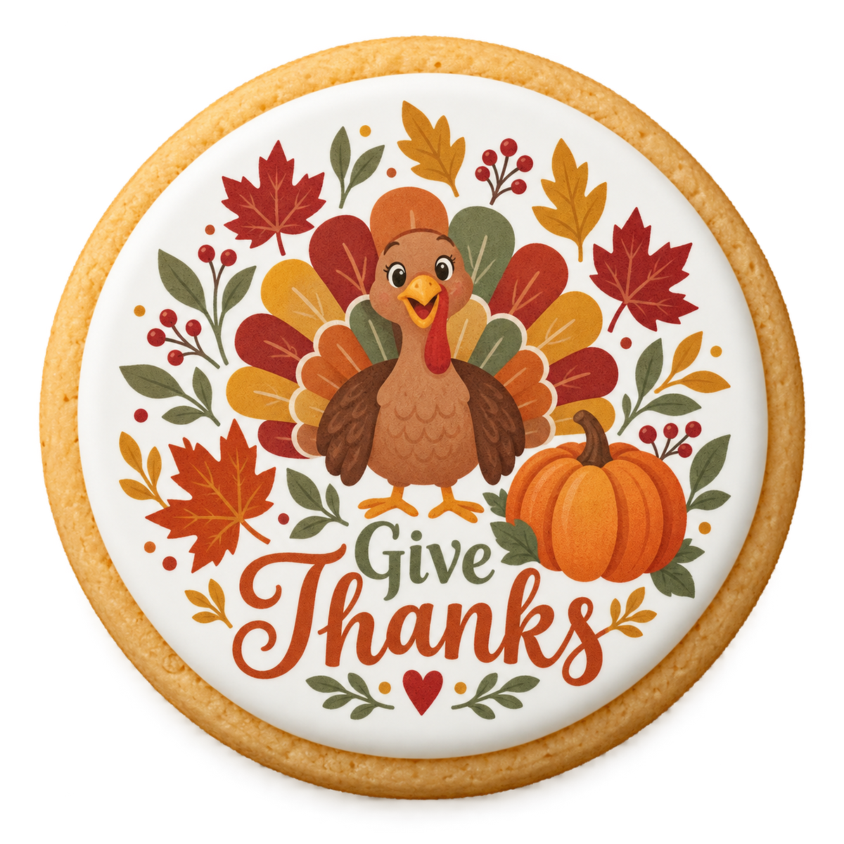 thanksgiving cookies design printed on a round iced sugar cookie