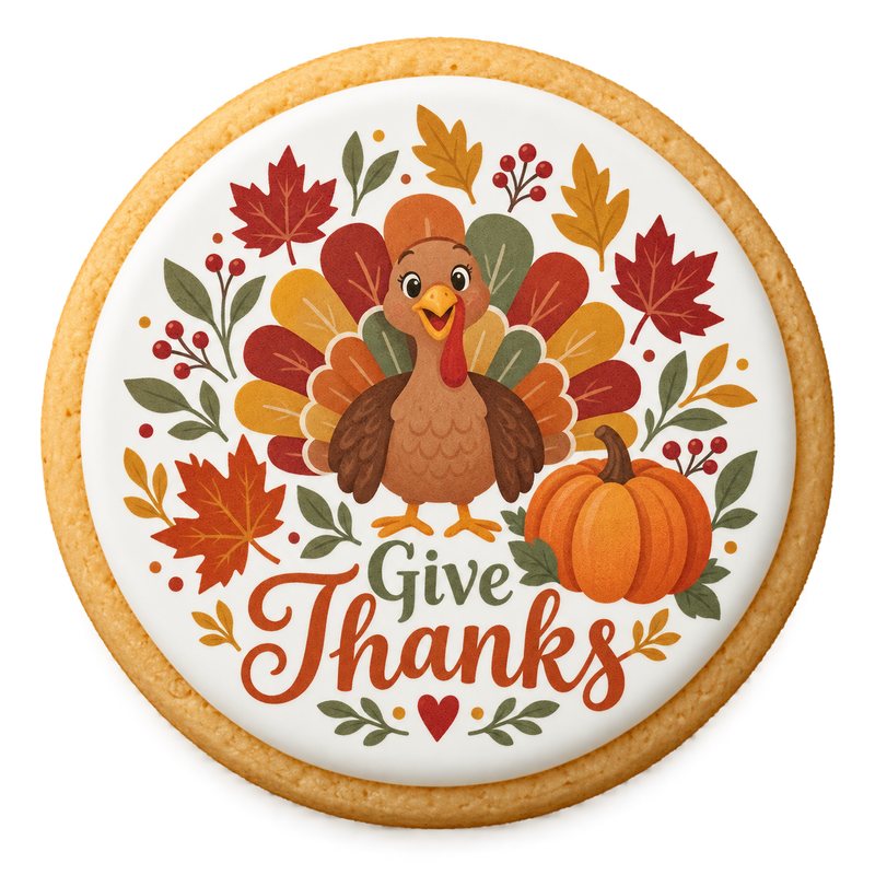 thanksgiving cookies design printed on a round iced sugar cookie