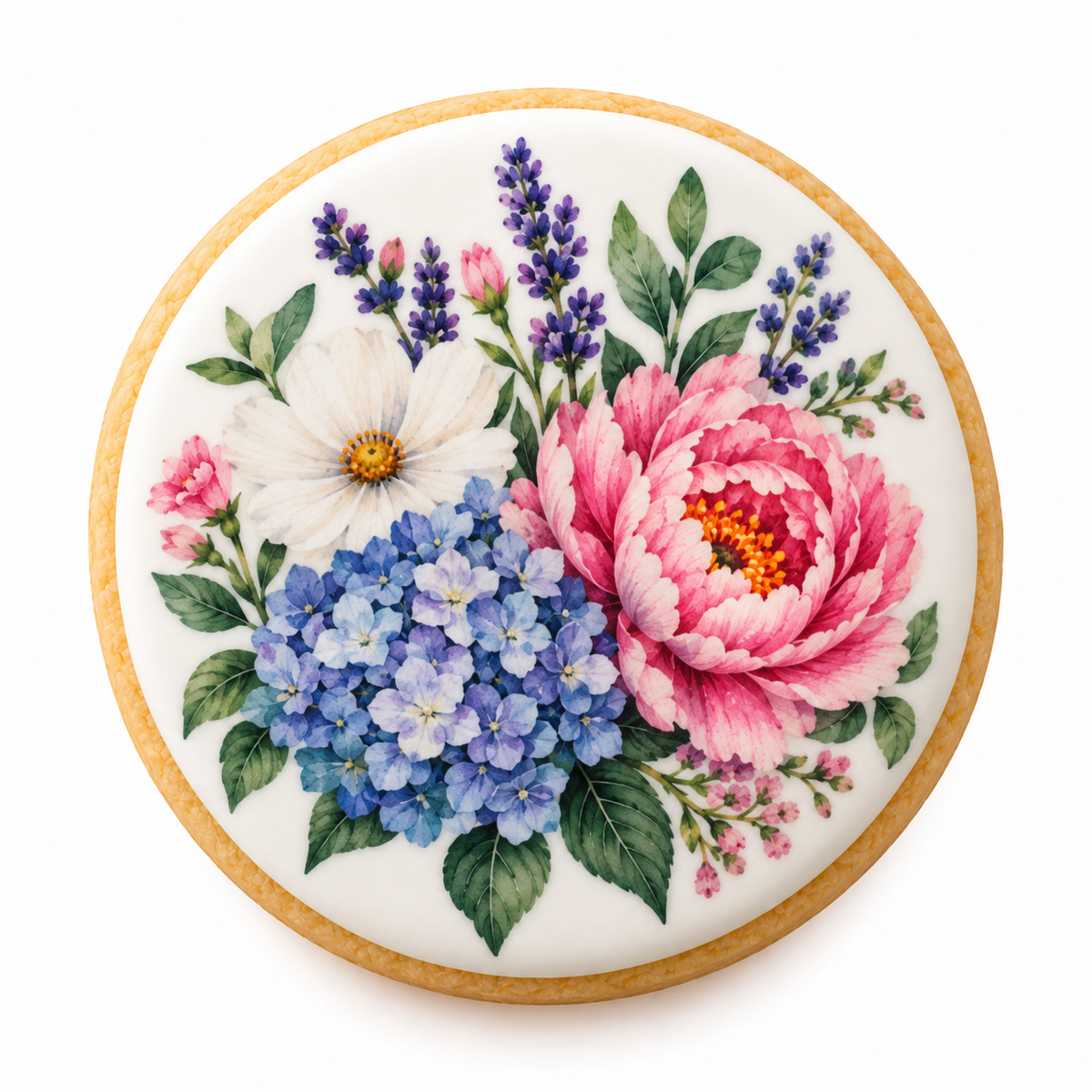 Round cookie printed with pink peonies, blue hydrangeas and purple flowers