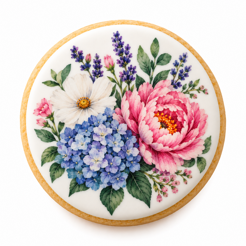 Round cookie printed with pink peonies, blue hydrangeas and purple flowers