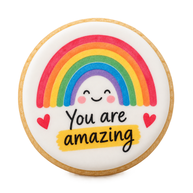 Round cookie with a bright rainbow and the message You are amazing